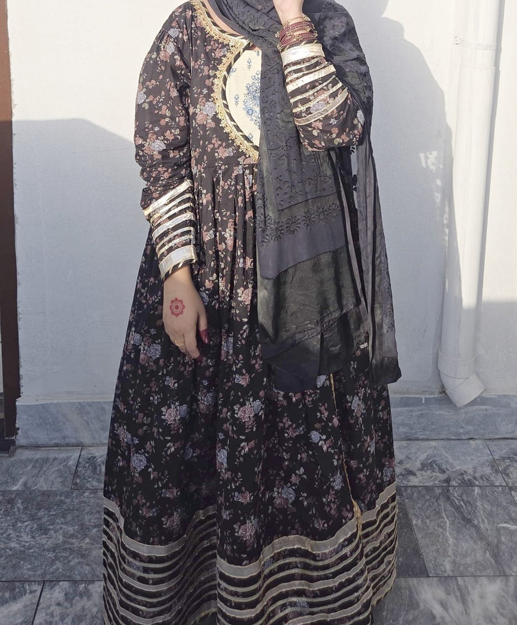 Long Angrakha frock with printed trouser and duppta