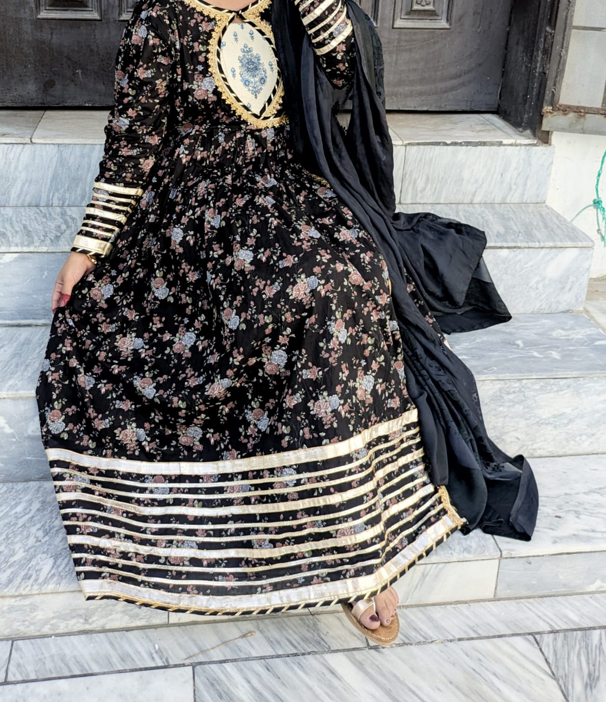 Long Angrakha frock with printed trouser and duppta